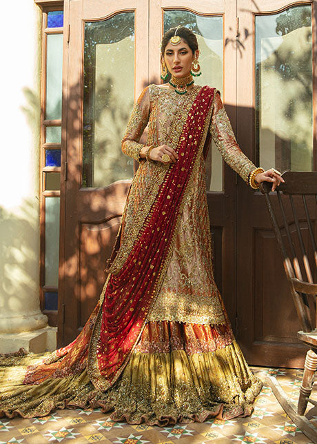Burnt Orange & Gold Embellished Lameh Mesori Bridal Lehenga (3-Piece) - Image 6