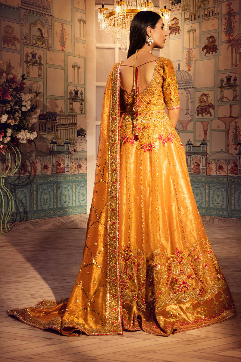 Pakistani Metallic Orange Embellished Maysuri Net Lehenga (3-Piece) - Image 3