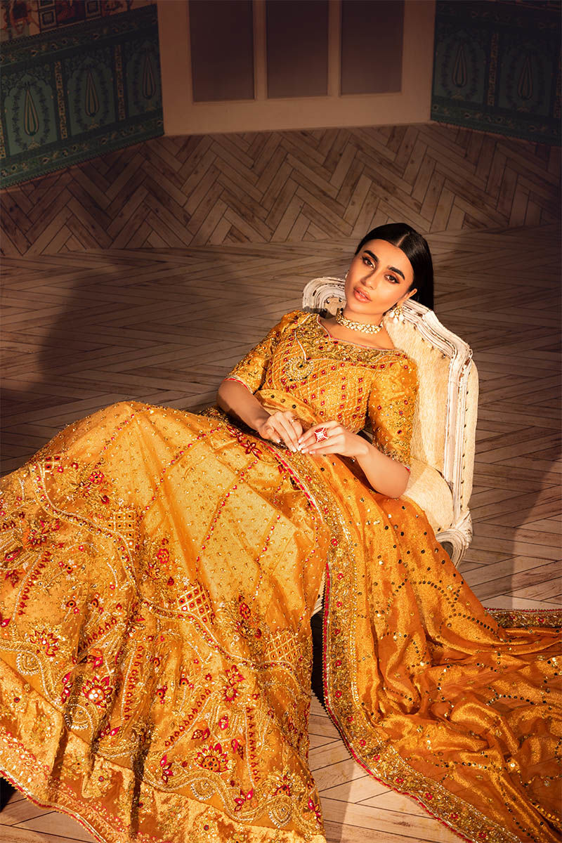 Pakistani Metallic Orange Embellished Maysuri Net Lehenga (3-Piece) - Image 4