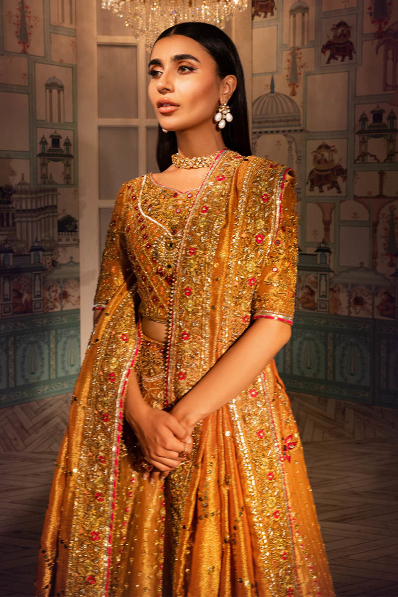 Pakistani Metallic Orange Embellished Maysuri Net Lehenga (3-Piece) - Image 5