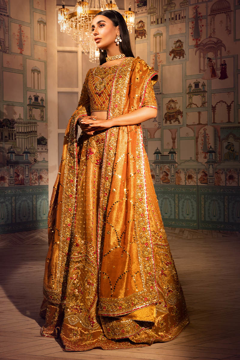 Pakistani Metallic Orange Embellished Maysuri Net Lehenga (3-Piece) - Image 6