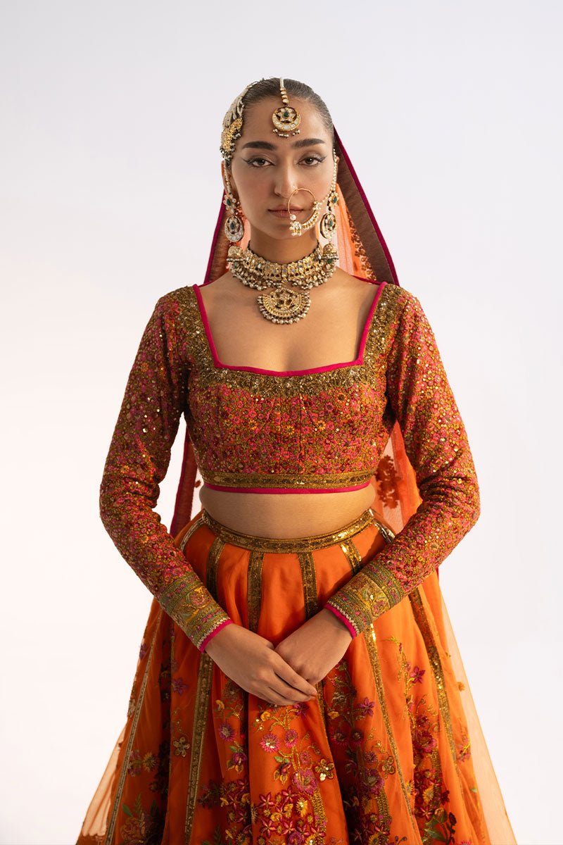 Rust Embroidered Net Lehenga Choli (3-Piece) - Image 4