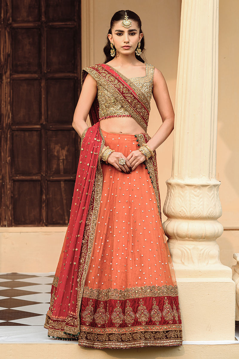 Orange Embroidered Net Lehenga (3-Piece) - Image 1