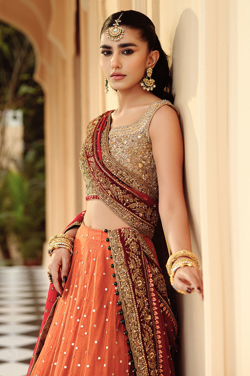 Orange Embroidered Net Lehenga (3-Piece) - Image 2