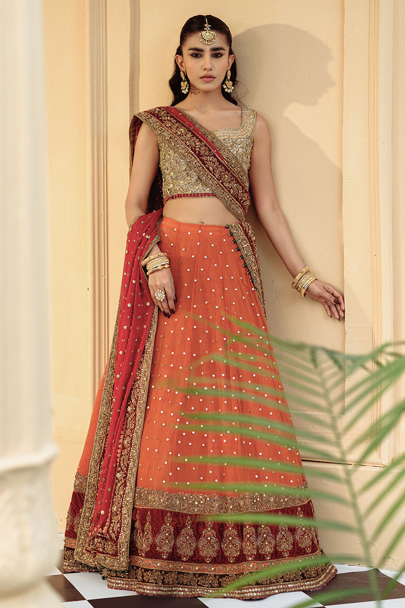 Orange Embroidered Net Lehenga (3-Piece) - Image 3