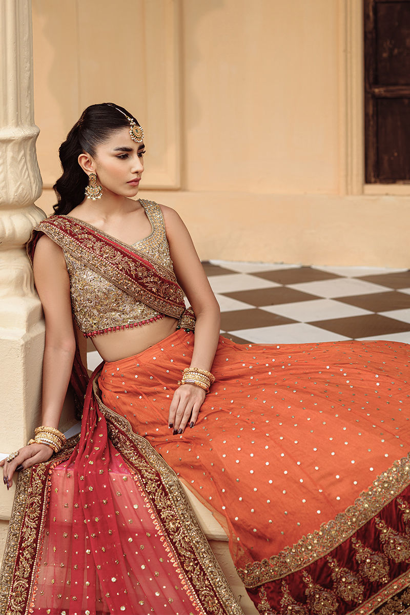 Orange Embroidered Net Lehenga (3-Piece) - Image 4