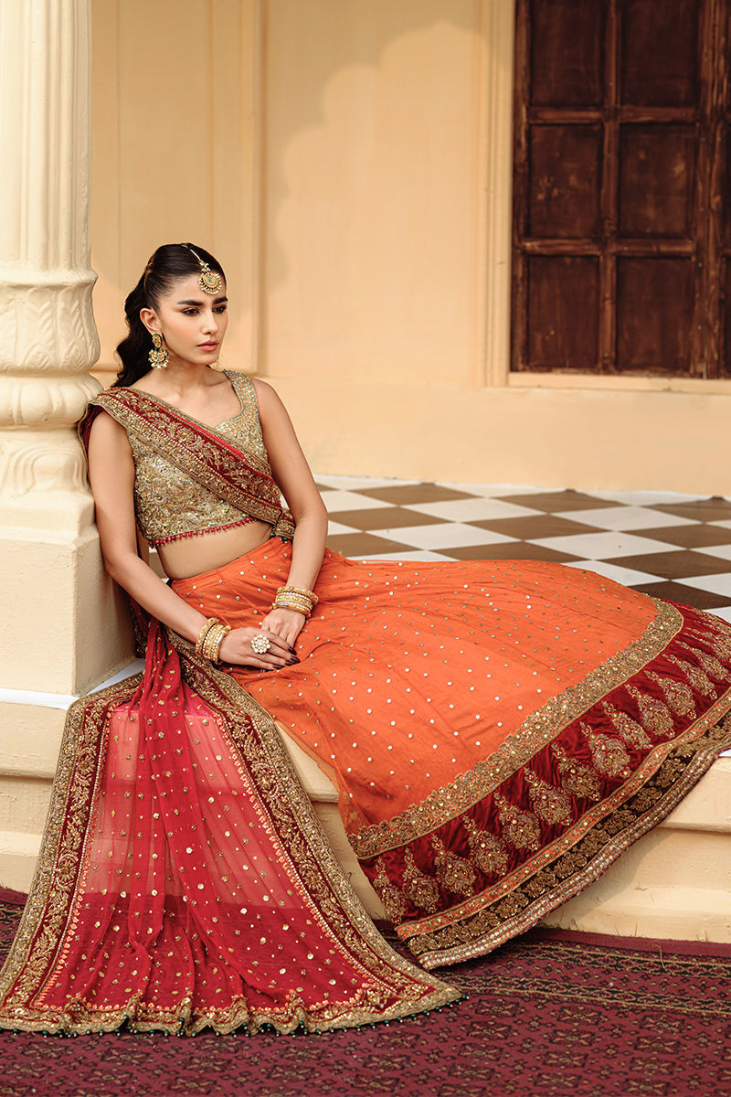 Orange Embroidered Net Lehenga (3-Piece) - Image 5