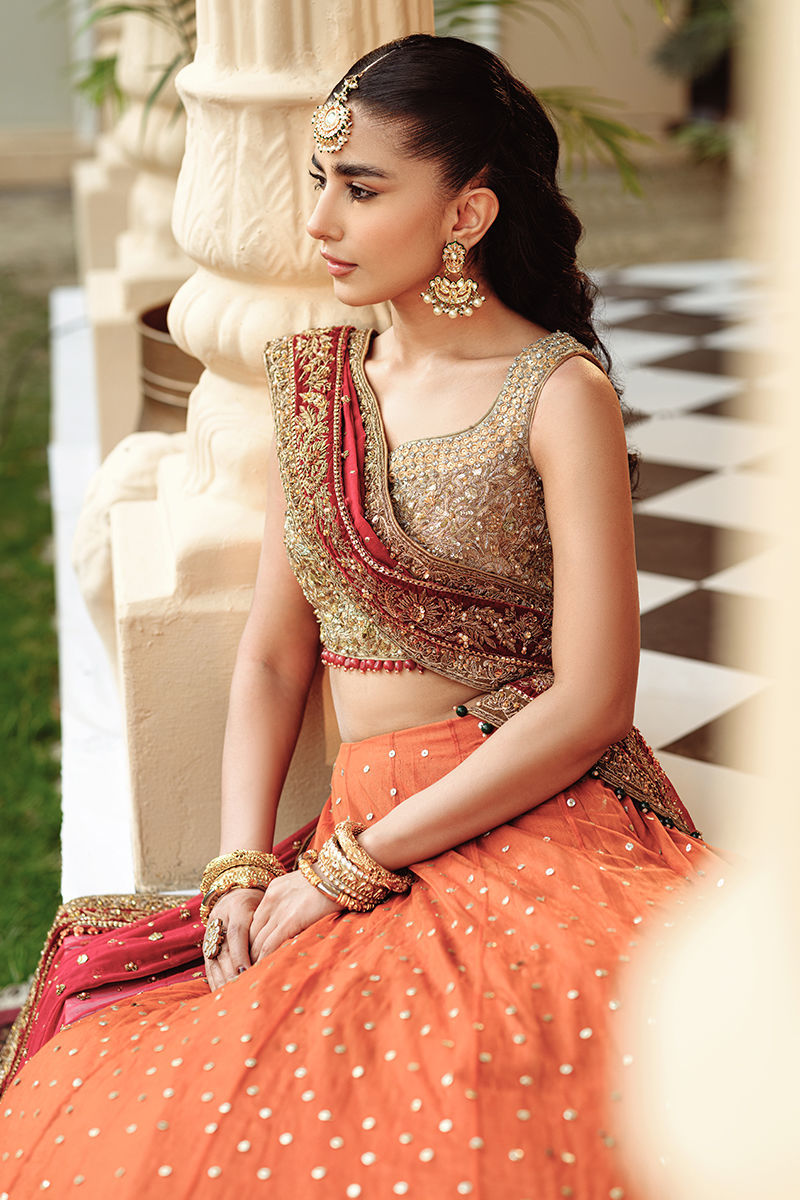 Orange Embroidered Net Lehenga (3-Piece) - Image 6