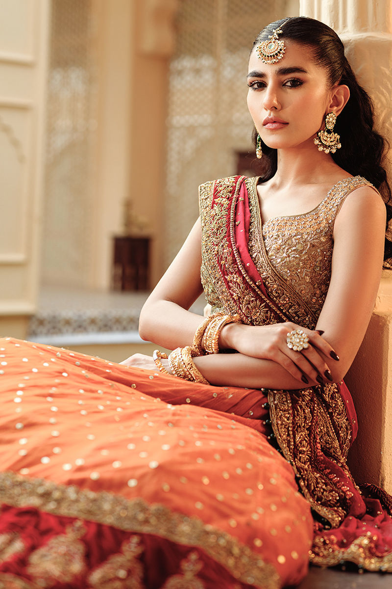 Orange Embroidered Net Lehenga (3-Piece) - Image 7