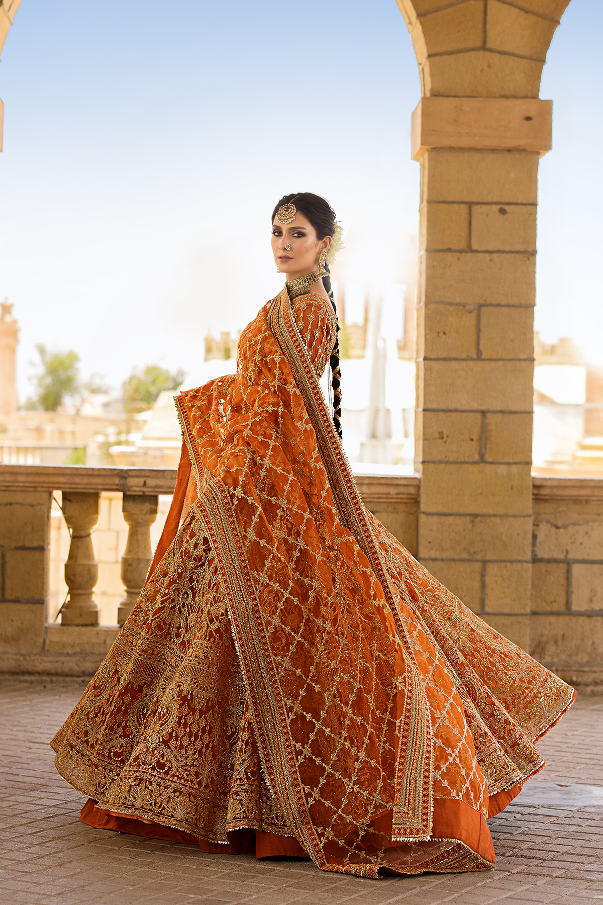 Orange Embroidered Net & Organza Bridal Lehenga (3-Piece) - Image 10