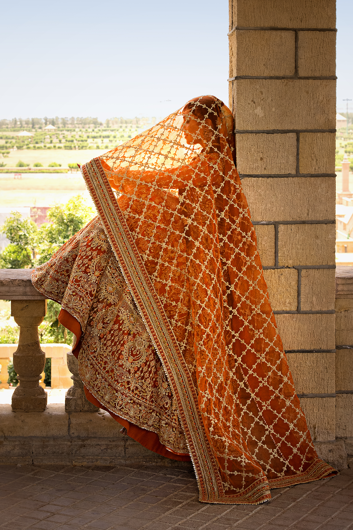 Orange Embroidered Net & Organza Bridal Lehenga (3-Piece) - Image 12