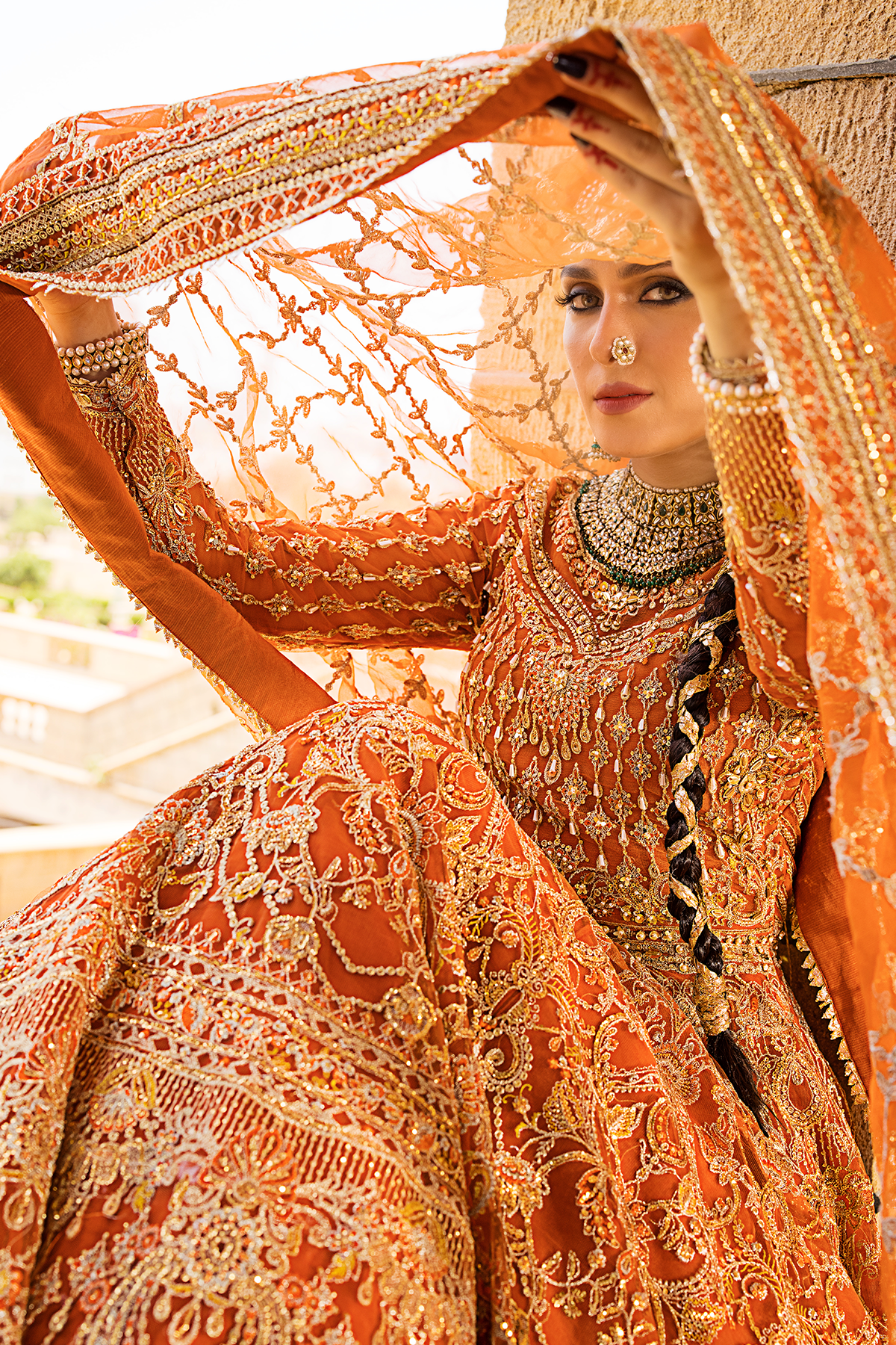 Orange Embroidered Net & Organza Bridal Lehenga (3-Piece) - Image 13