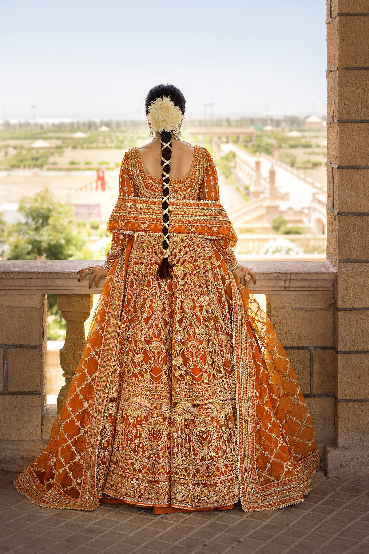 Orange Embroidered Net & Organza Bridal Lehenga (3-Piece) - Image 2