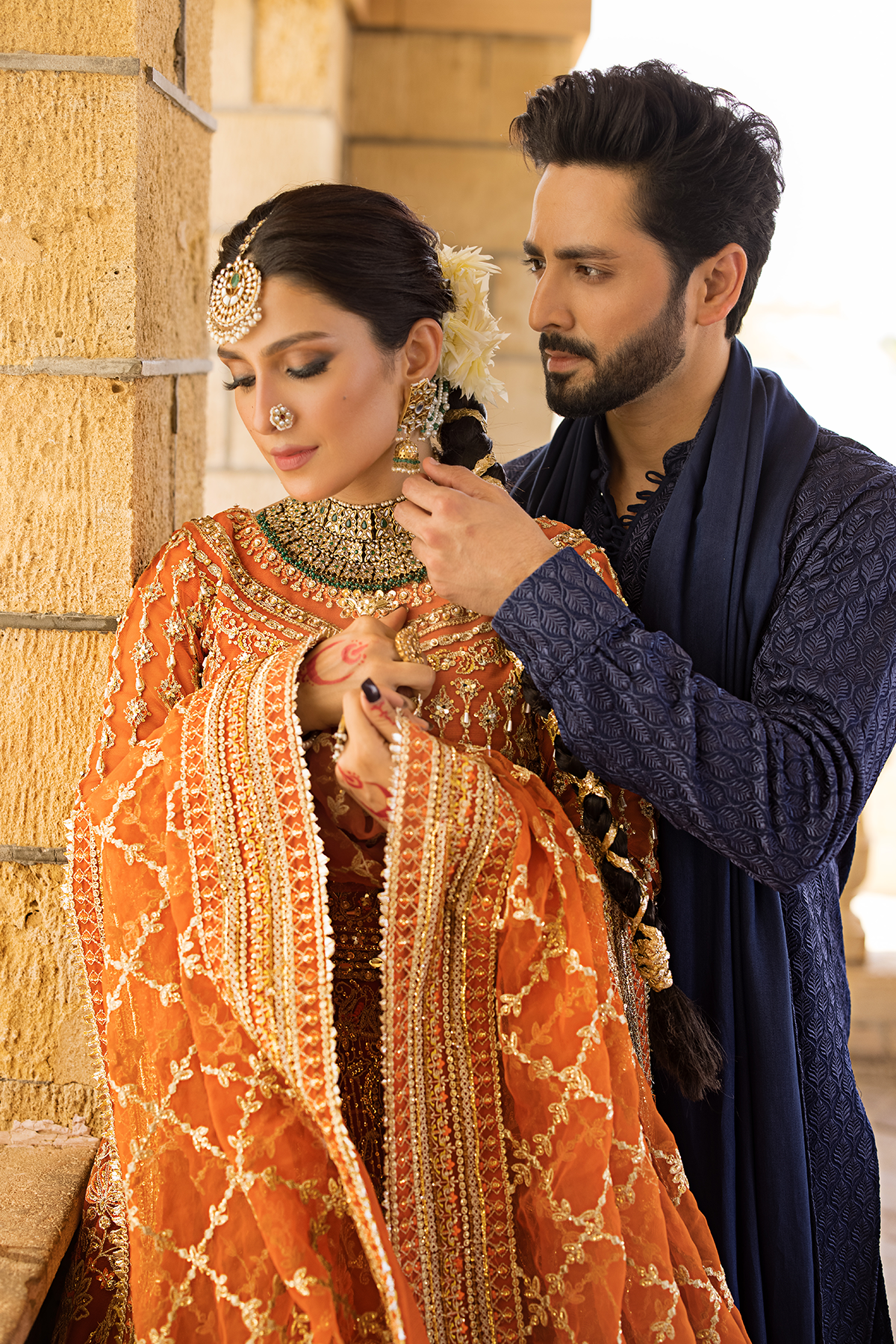 Orange Embroidered Net & Organza Bridal Lehenga (3-Piece) - Image 4