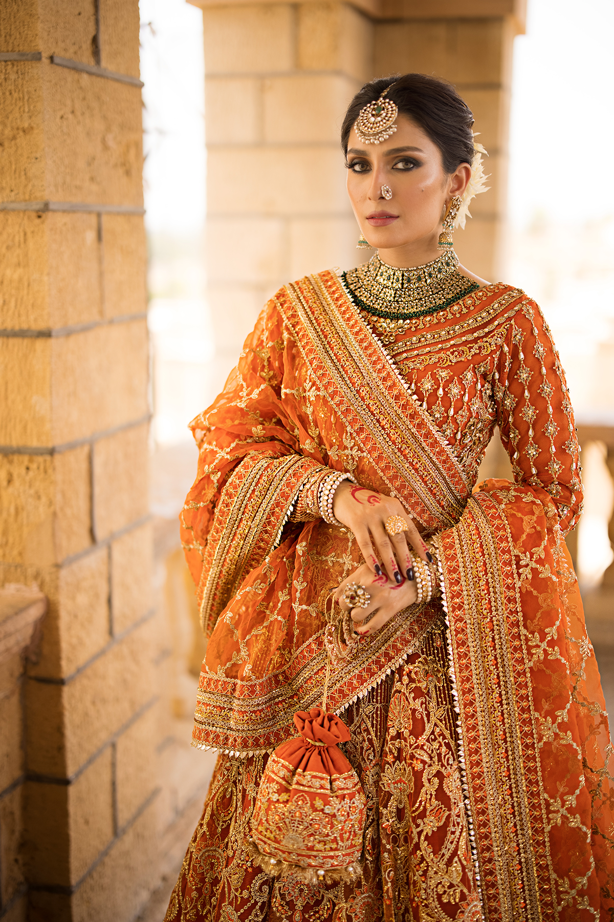 Orange Embroidered Net & Organza Bridal Lehenga (3-Piece) - Image 5