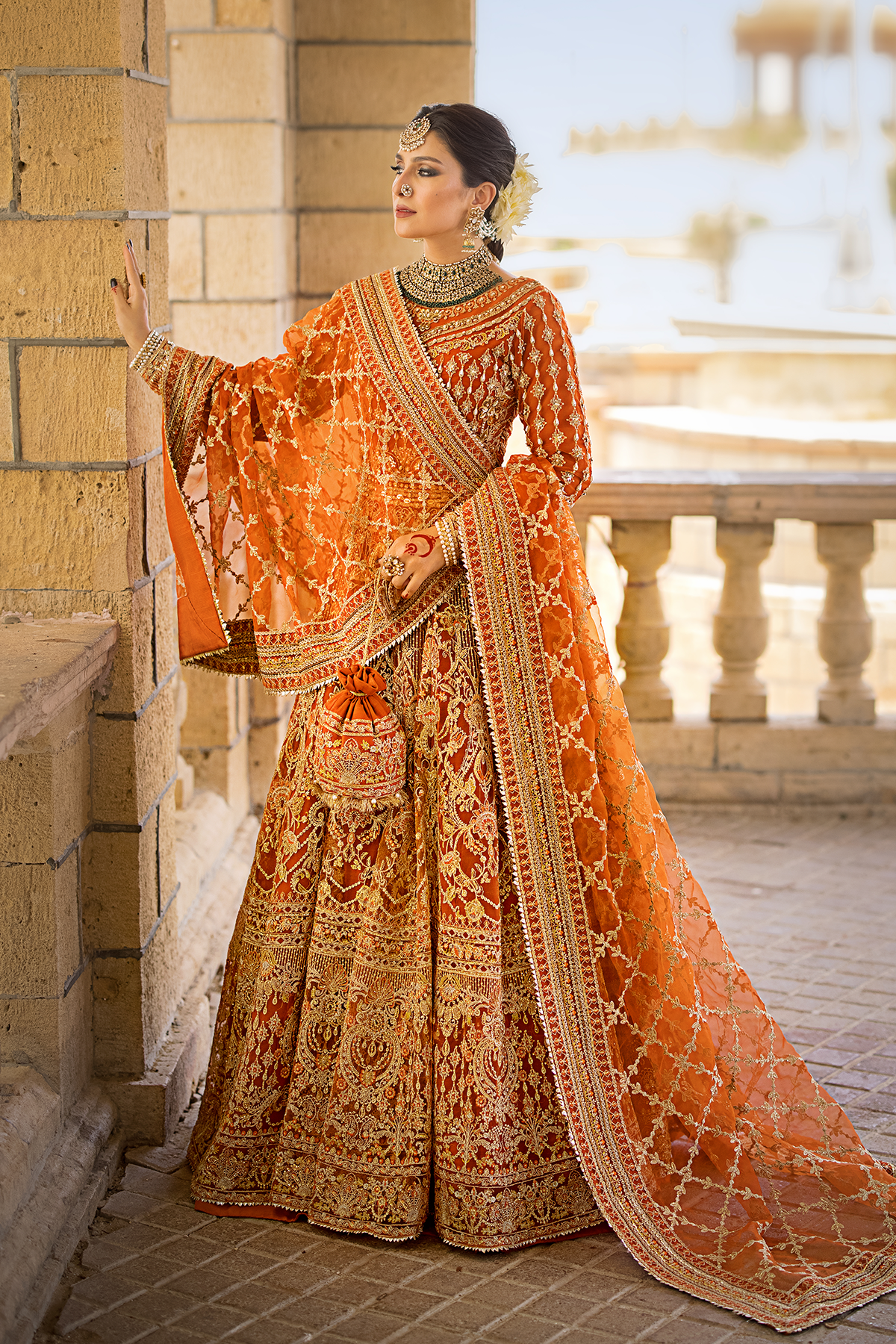 Orange Embroidered Net & Organza Bridal Lehenga (3-Piece) - Image 6