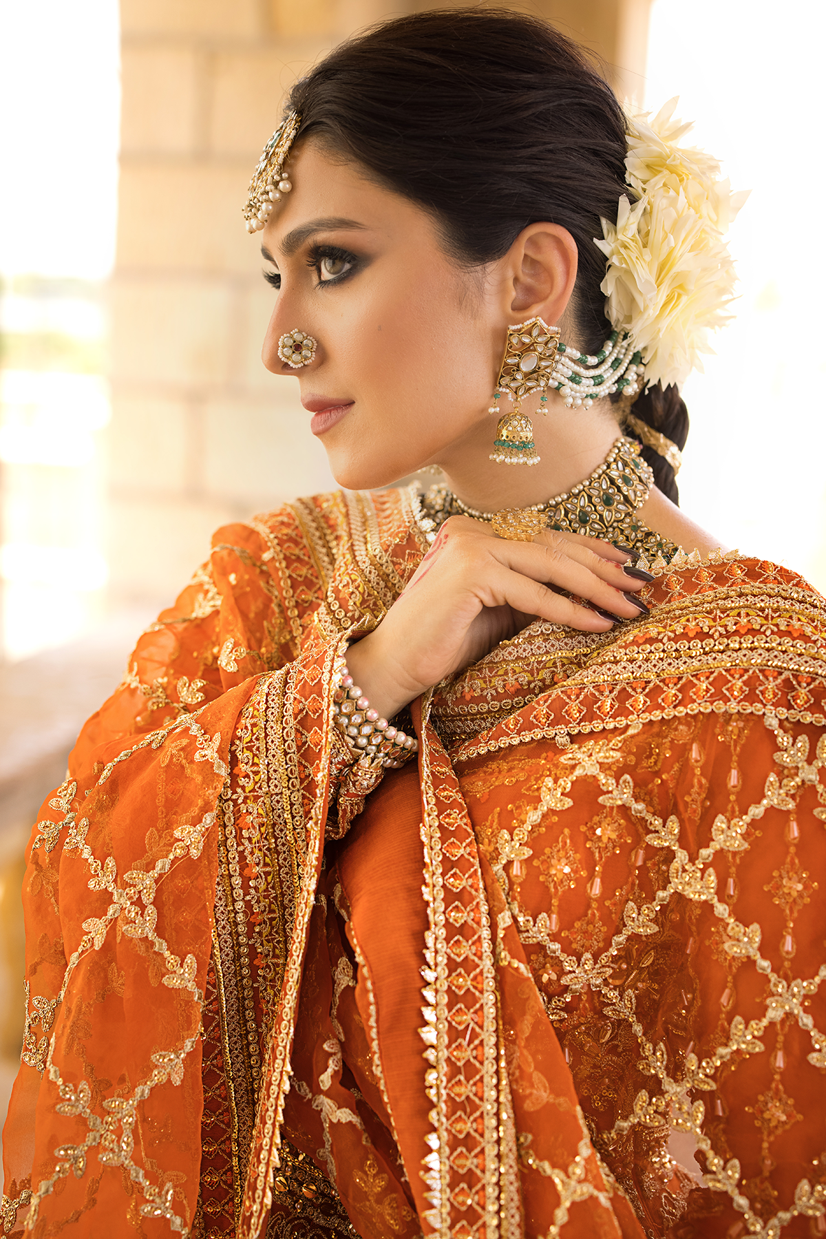 Orange Embroidered Net & Organza Bridal Lehenga (3-Piece) - Image 8