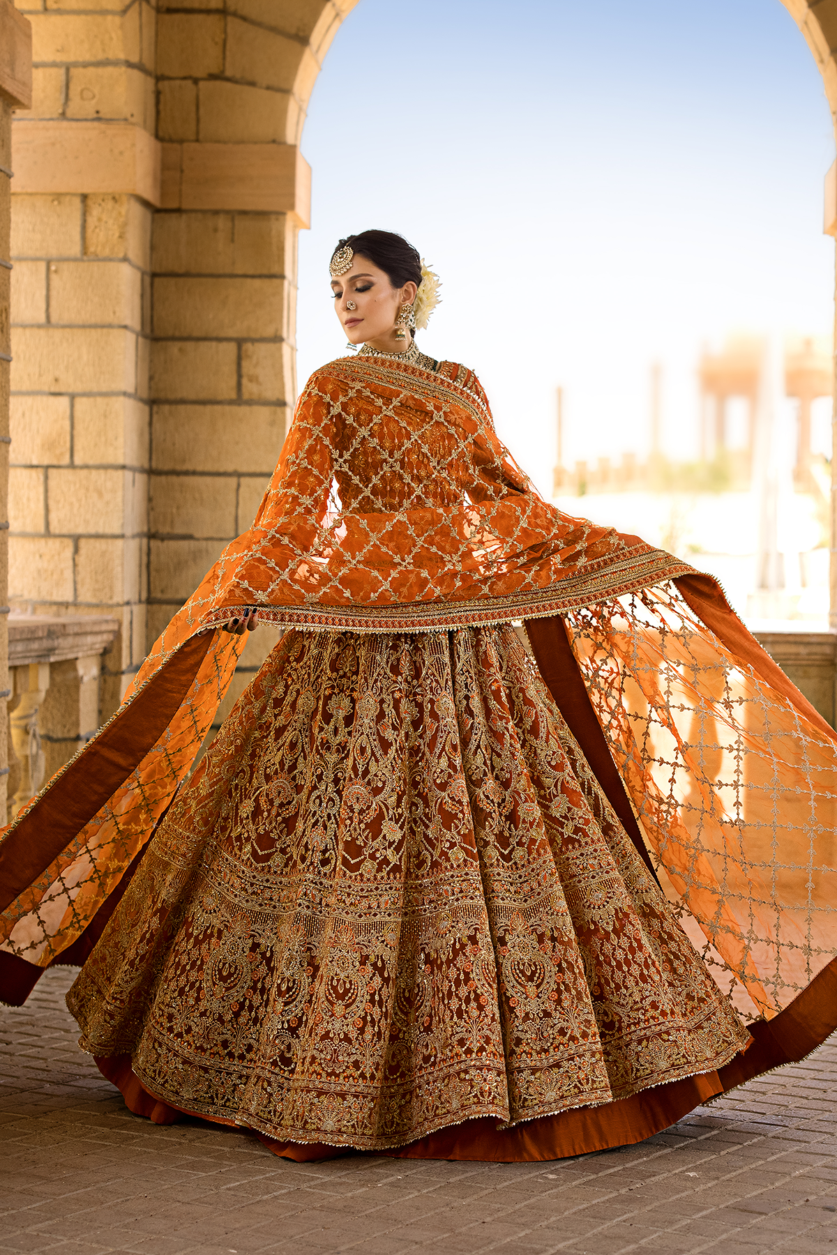 Orange Embroidered Net & Organza Bridal Lehenga (3-Piece) - Image 9