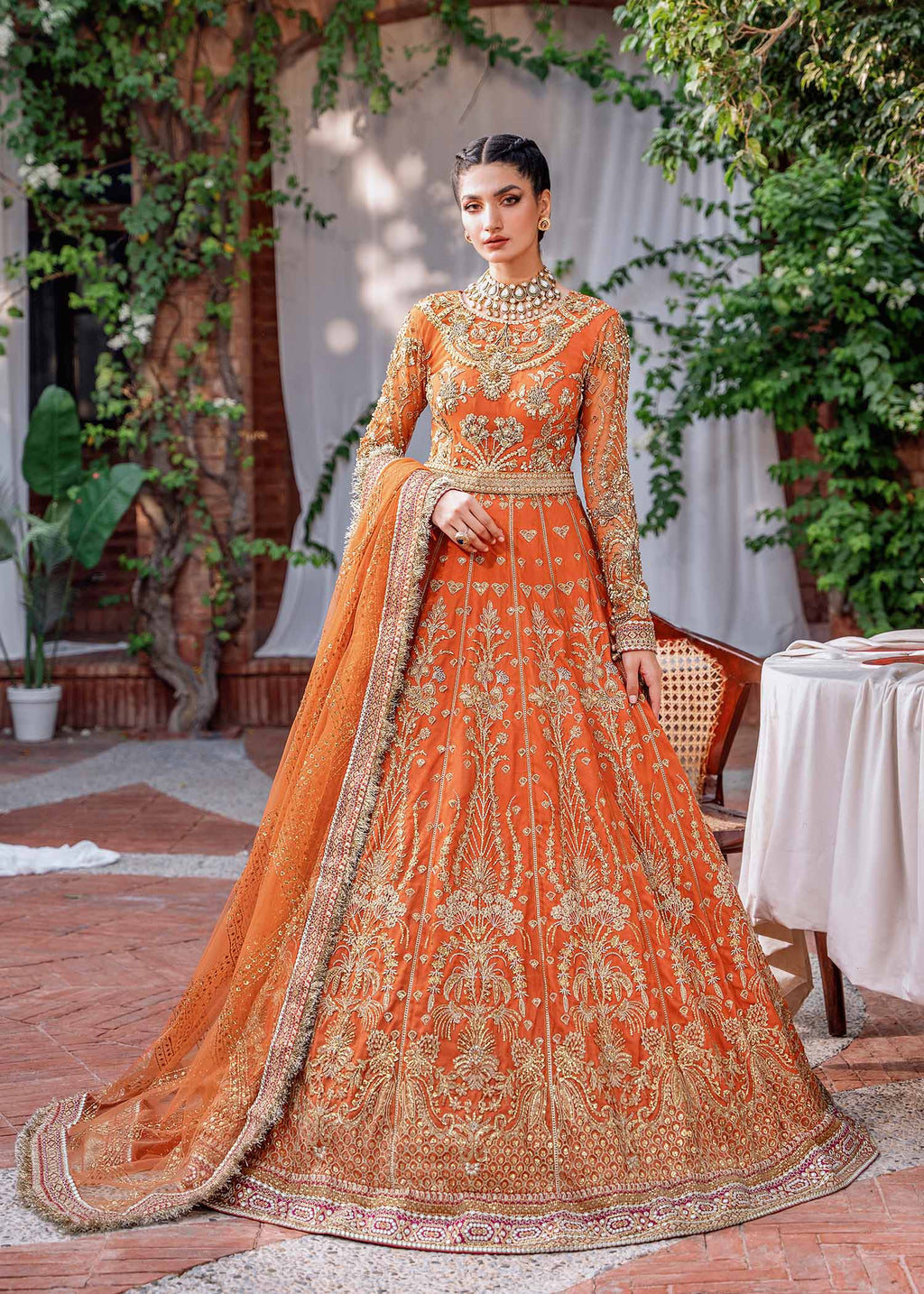 Pakistani Burnt Orange Embroidered Net & Organza Bridal Lehenga (3-Piece) - Image 1