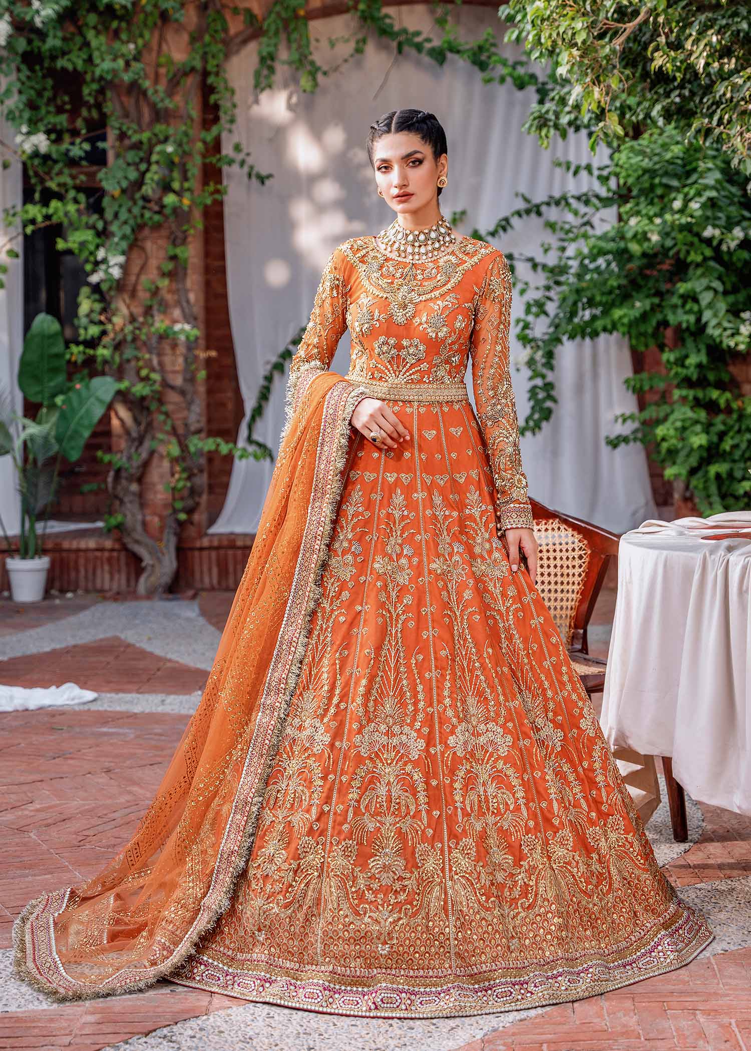 Pakistani Burnt Orange Embroidered Net & Organza Bridal Lehenga (3-Piece) - Image 2