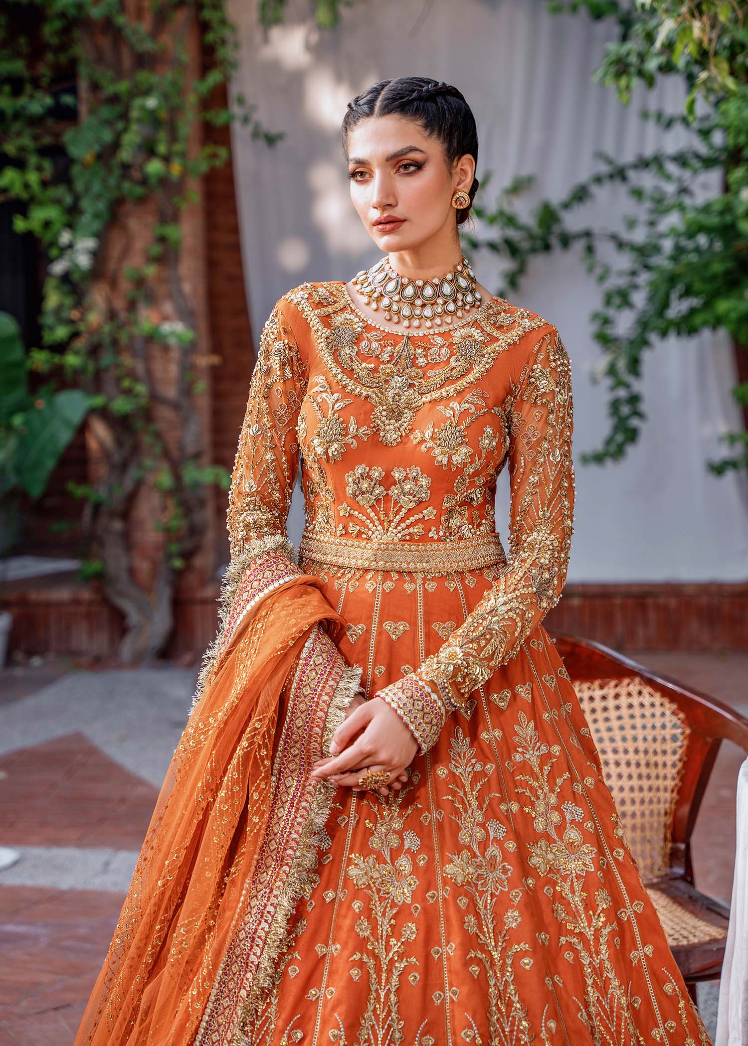 Pakistani Burnt Orange Embroidered Net & Organza Bridal Lehenga (3-Piece) - Image 3