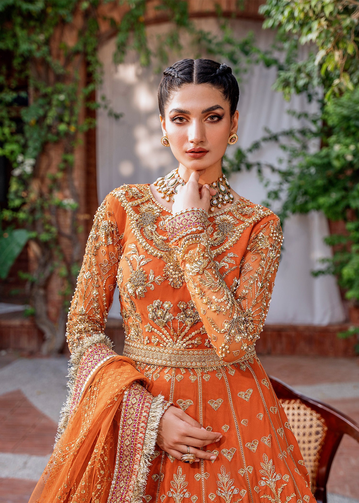 Pakistani Burnt Orange Embroidered Net & Organza Bridal Lehenga (3-Piece) - Image 4