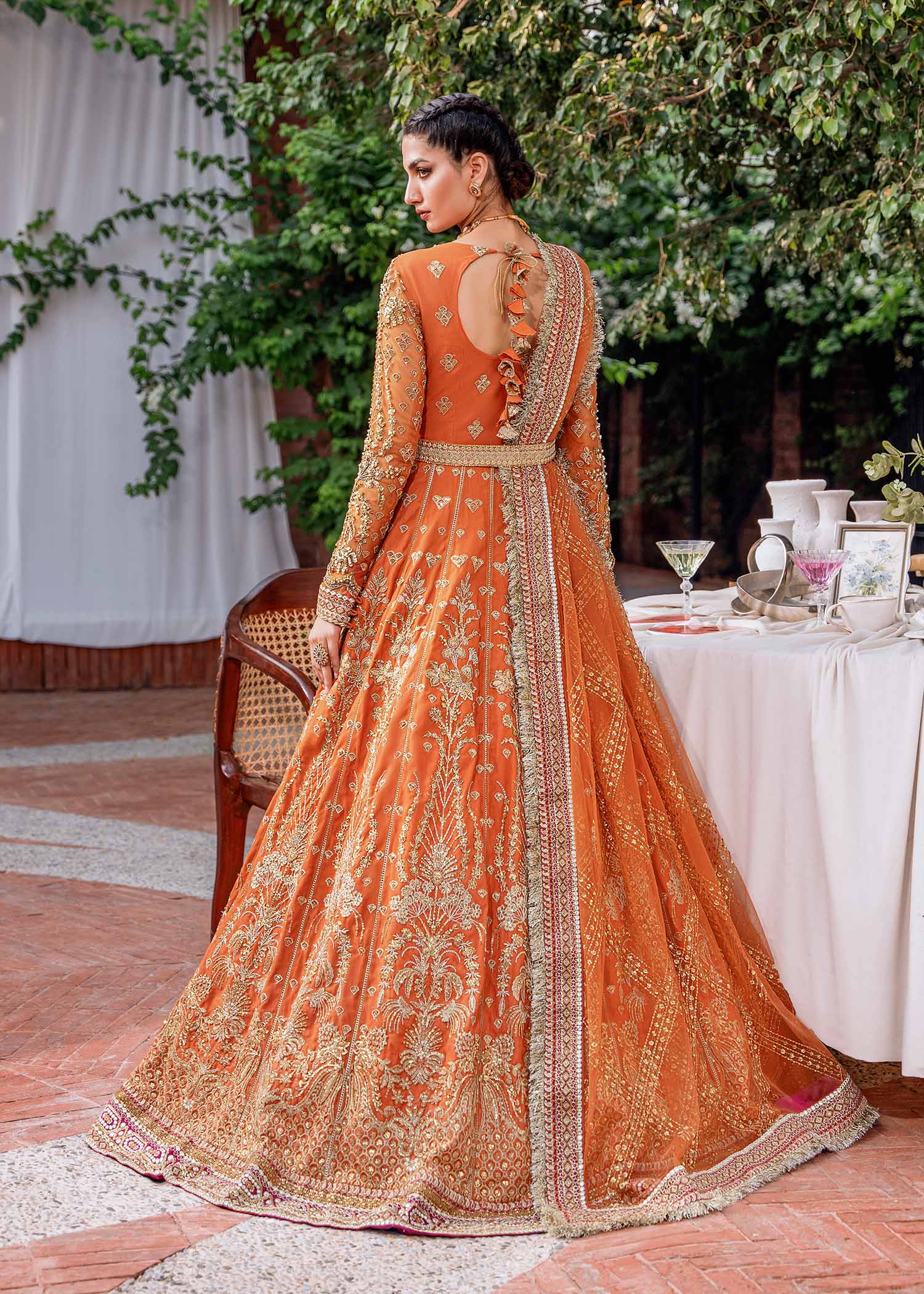 Pakistani Burnt Orange Embroidered Net & Organza Bridal Lehenga (3-Piece) - Image 5