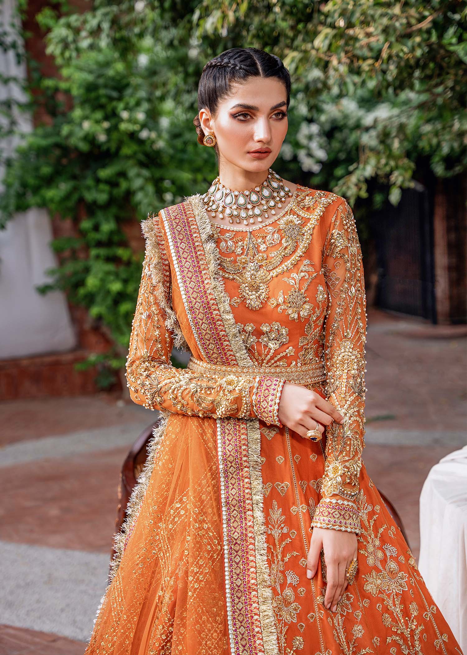 Pakistani Burnt Orange Embroidered Net & Organza Bridal Lehenga (3-Piece) - Image 7