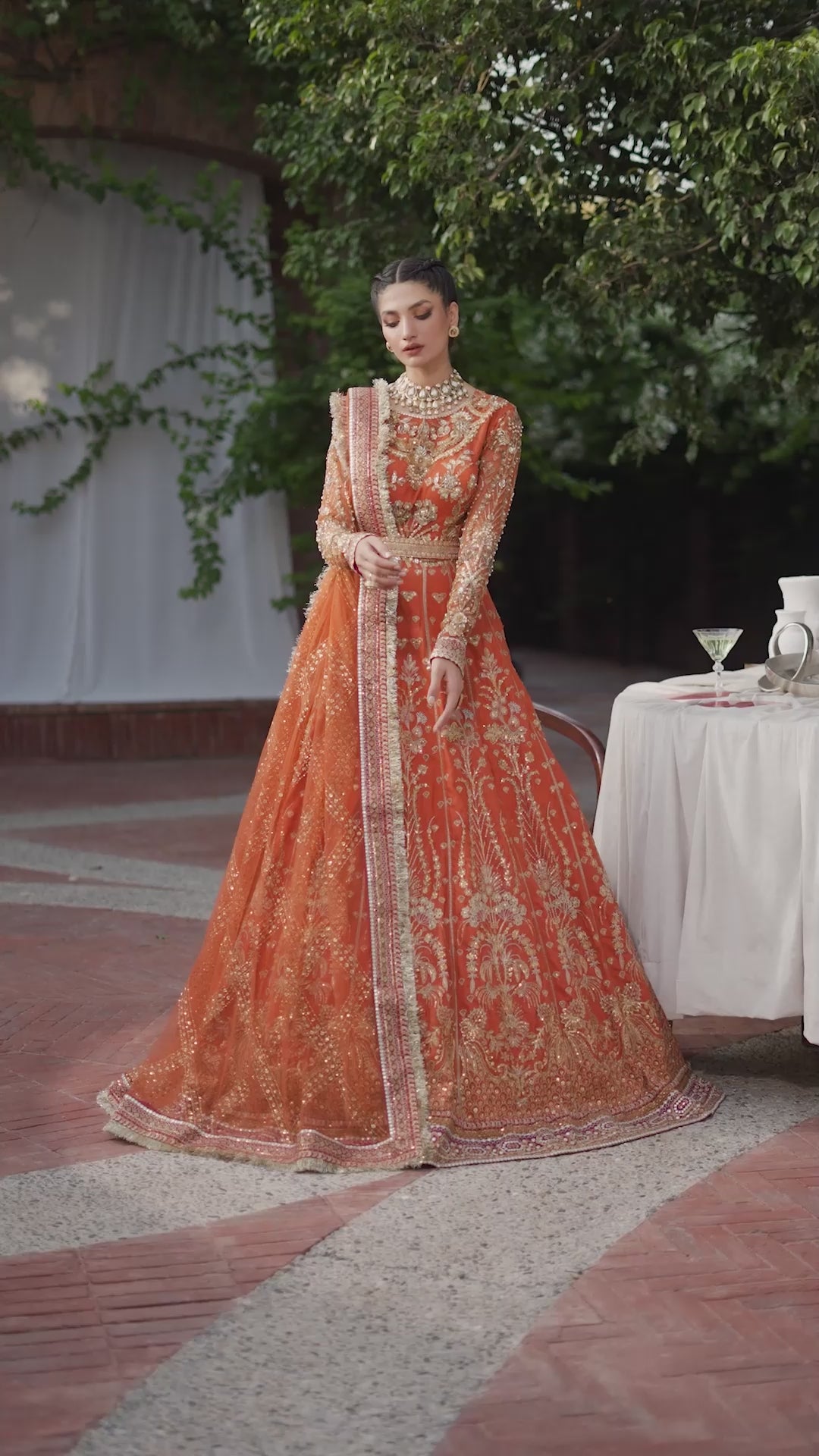Pakistani Burnt Orange Embroidered Net & Organza Bridal Lehenga (3-Piece) - Image 8