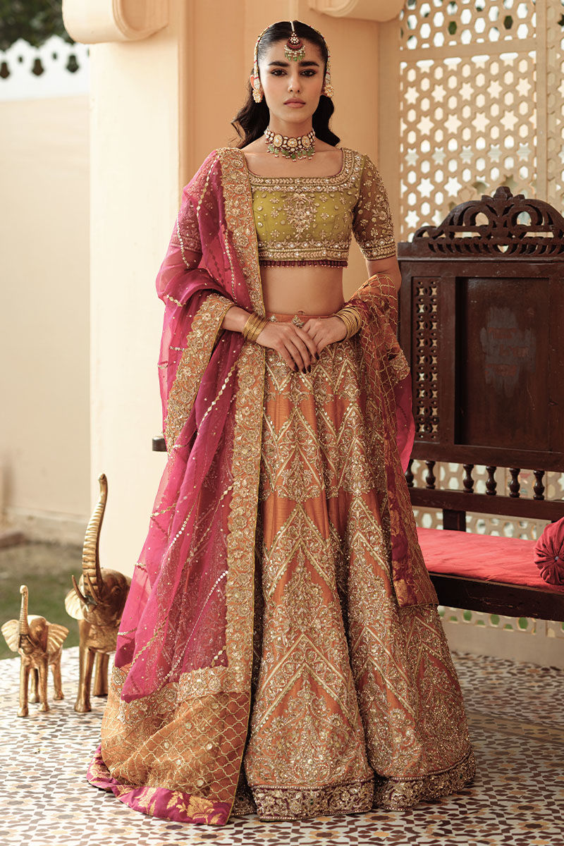 Pakistani Orange & Green Embroidered Net Lehenga (3-Piece) - Image 1
