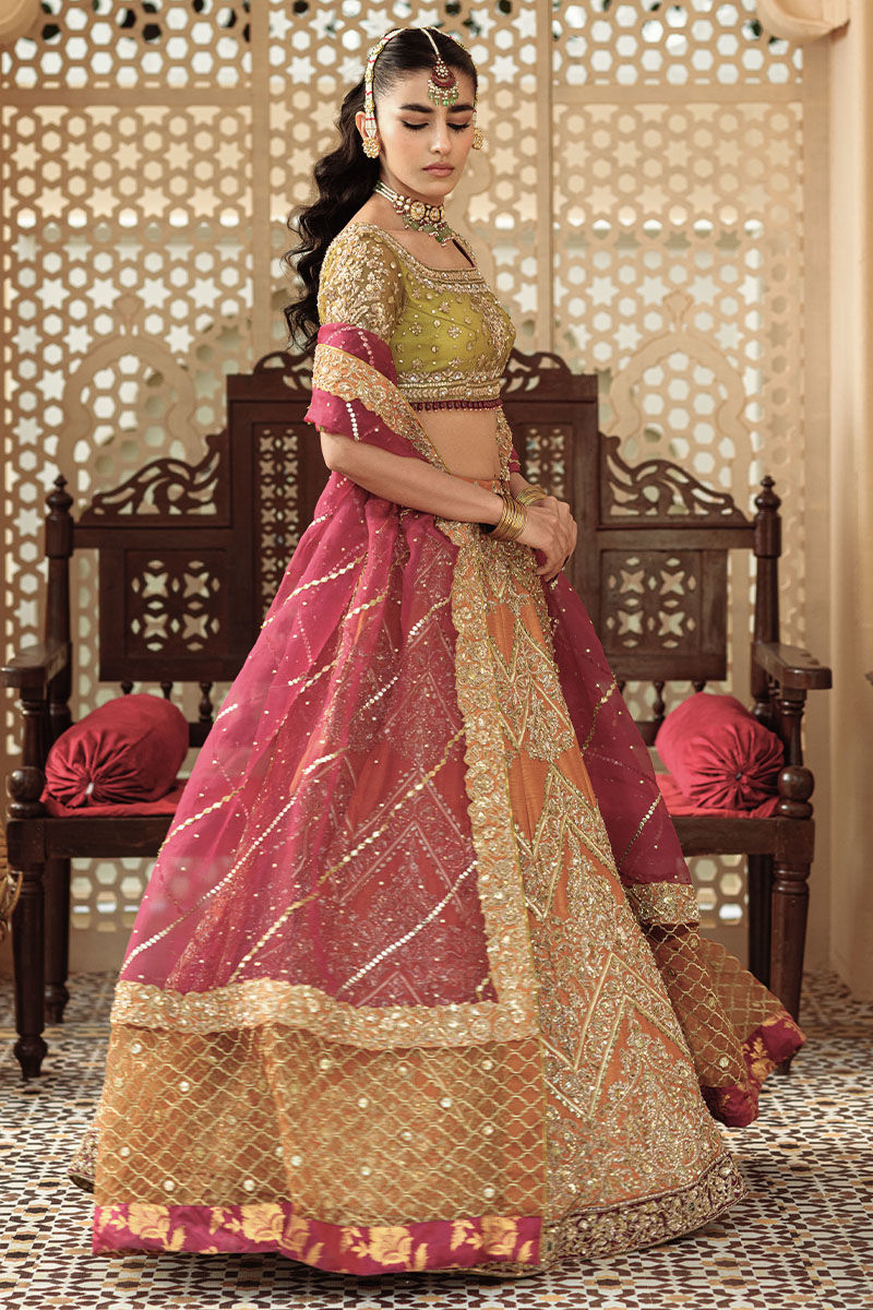 Pakistani Orange & Green Embroidered Net Lehenga (3-Piece) - Image 6