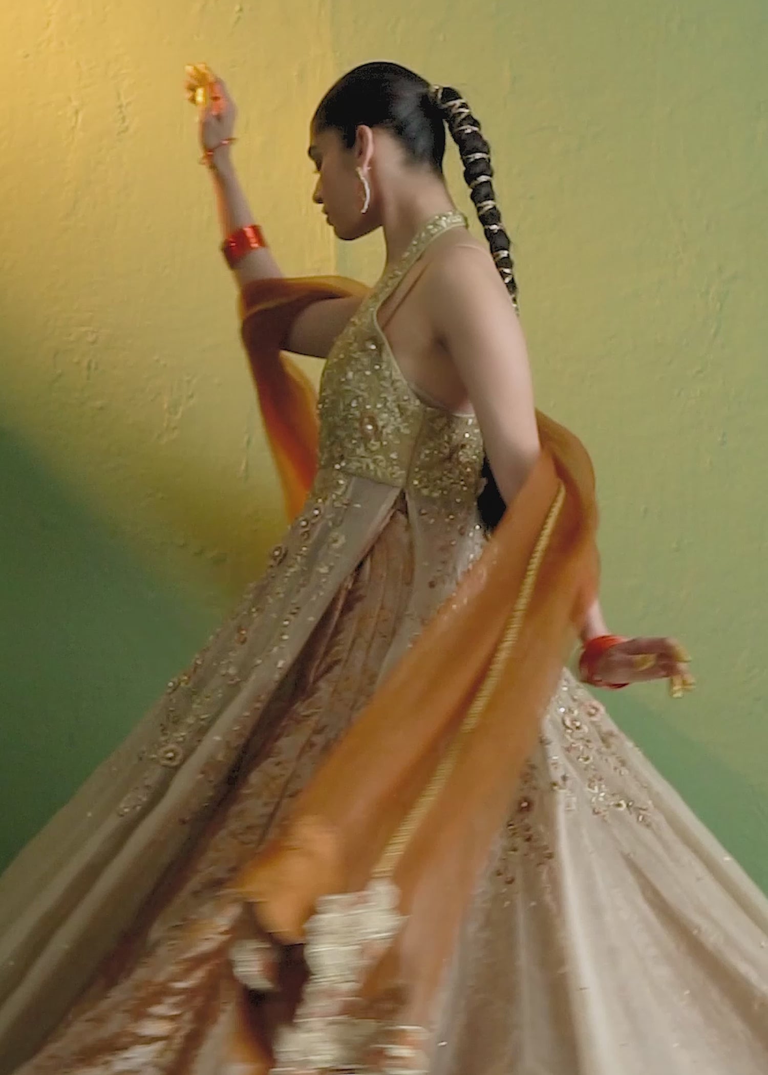 Indian Orange 3D Floral Organza Gown with Atlas Lehenga (3-Piece) - Image 10