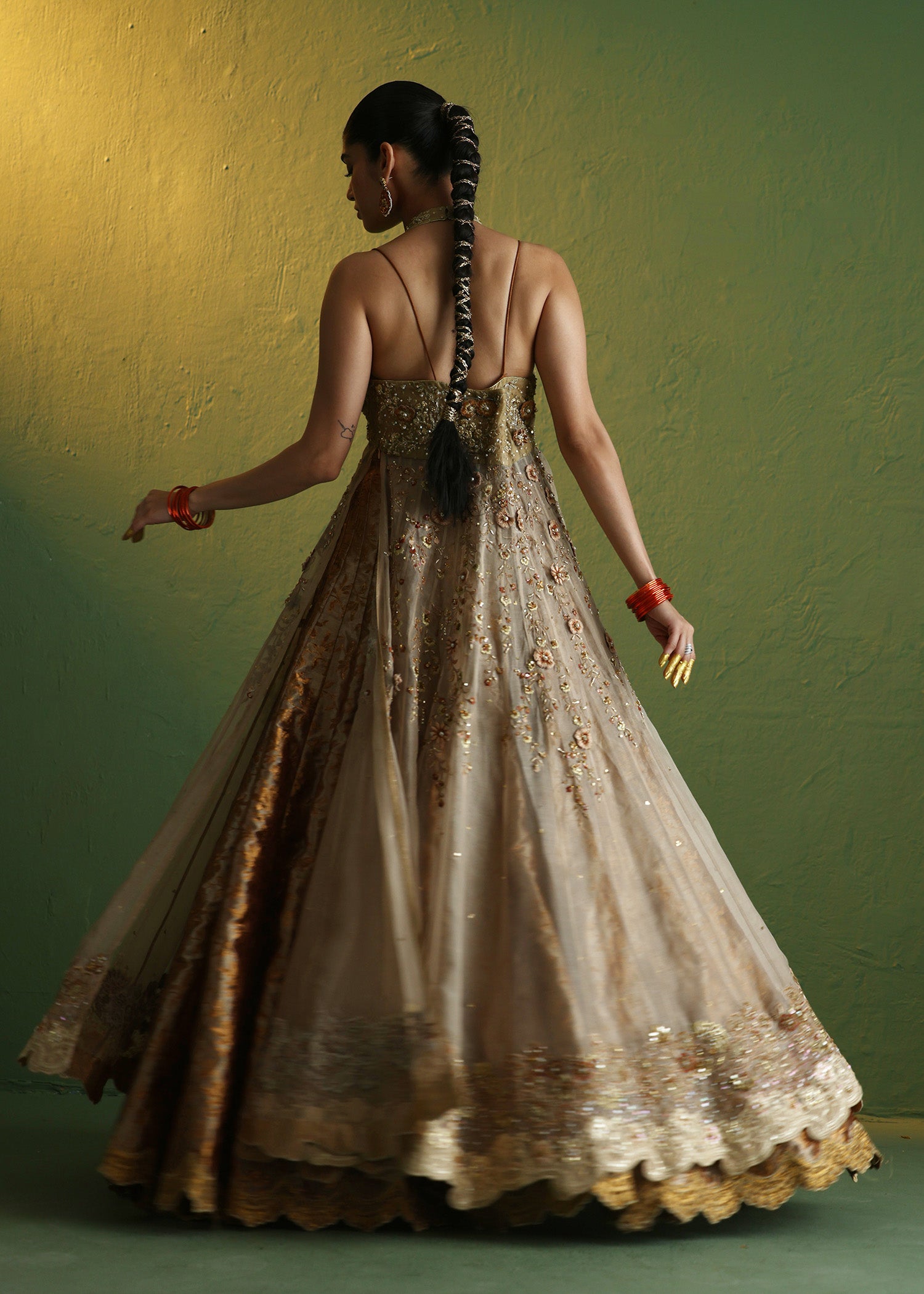 Indian Orange 3D Floral Organza Gown with Atlas Lehenga (3-Piece) - Image 2