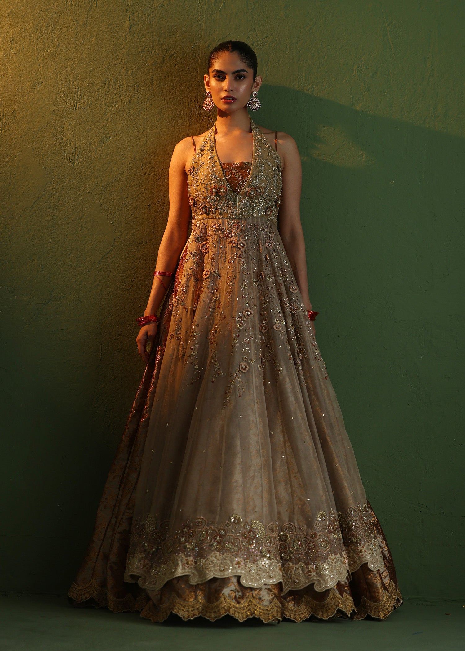 Indian Orange 3D Floral Organza Gown with Atlas Lehenga (3-Piece) - Image 3