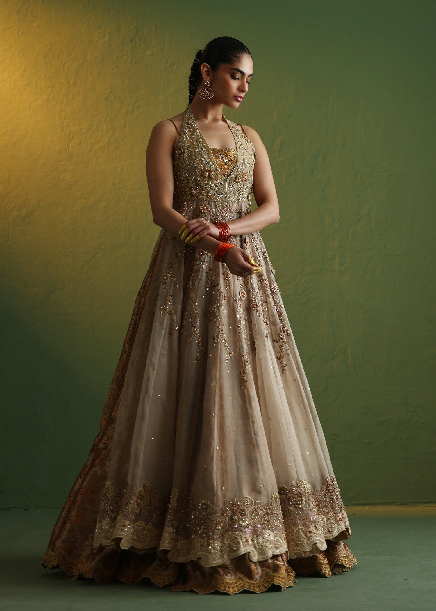 Indian Orange 3D Floral Organza Gown with Atlas Lehenga (3-Piece) - Image 4