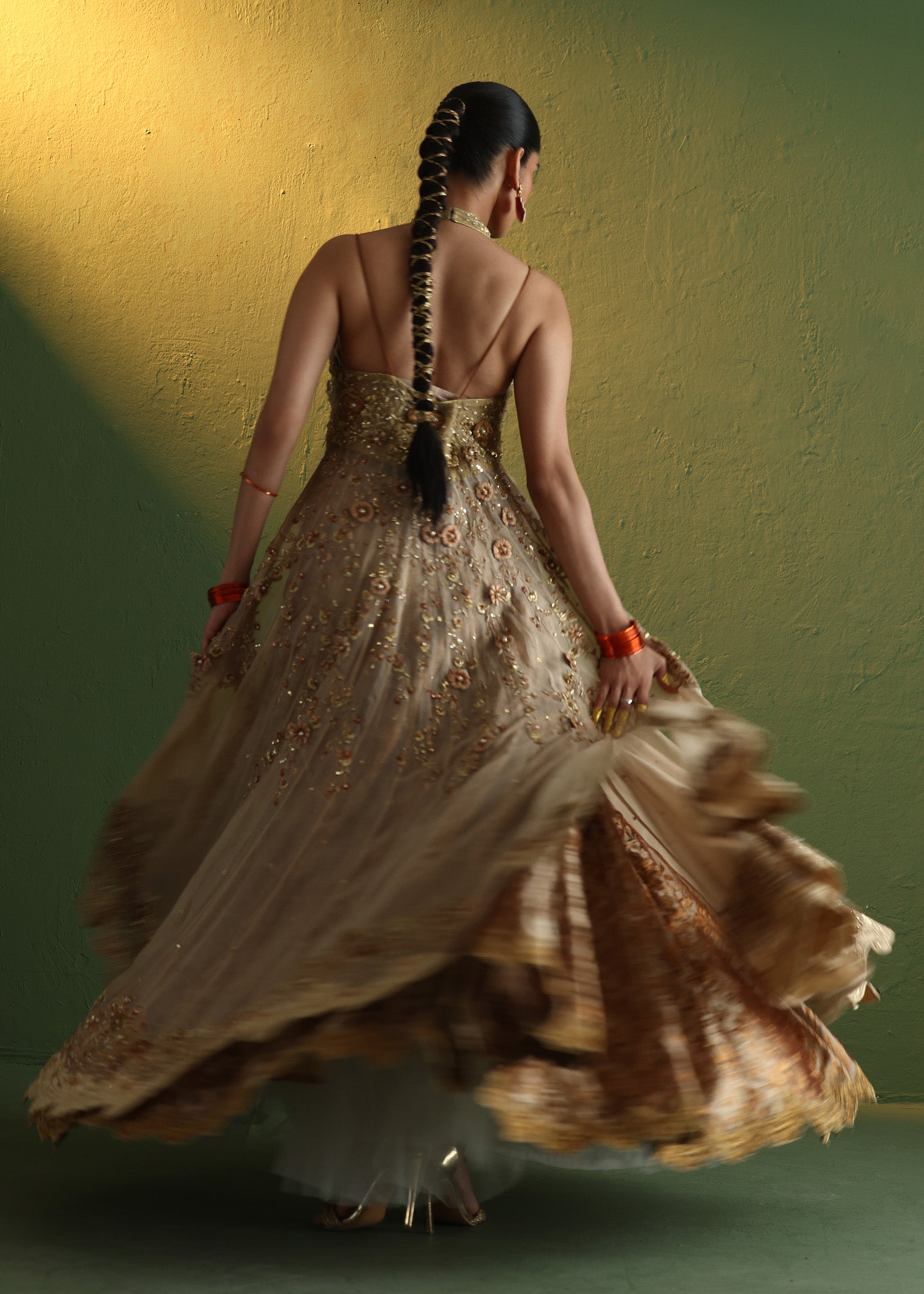 Indian Orange 3D Floral Organza Gown with Atlas Lehenga (3-Piece) - Image 7