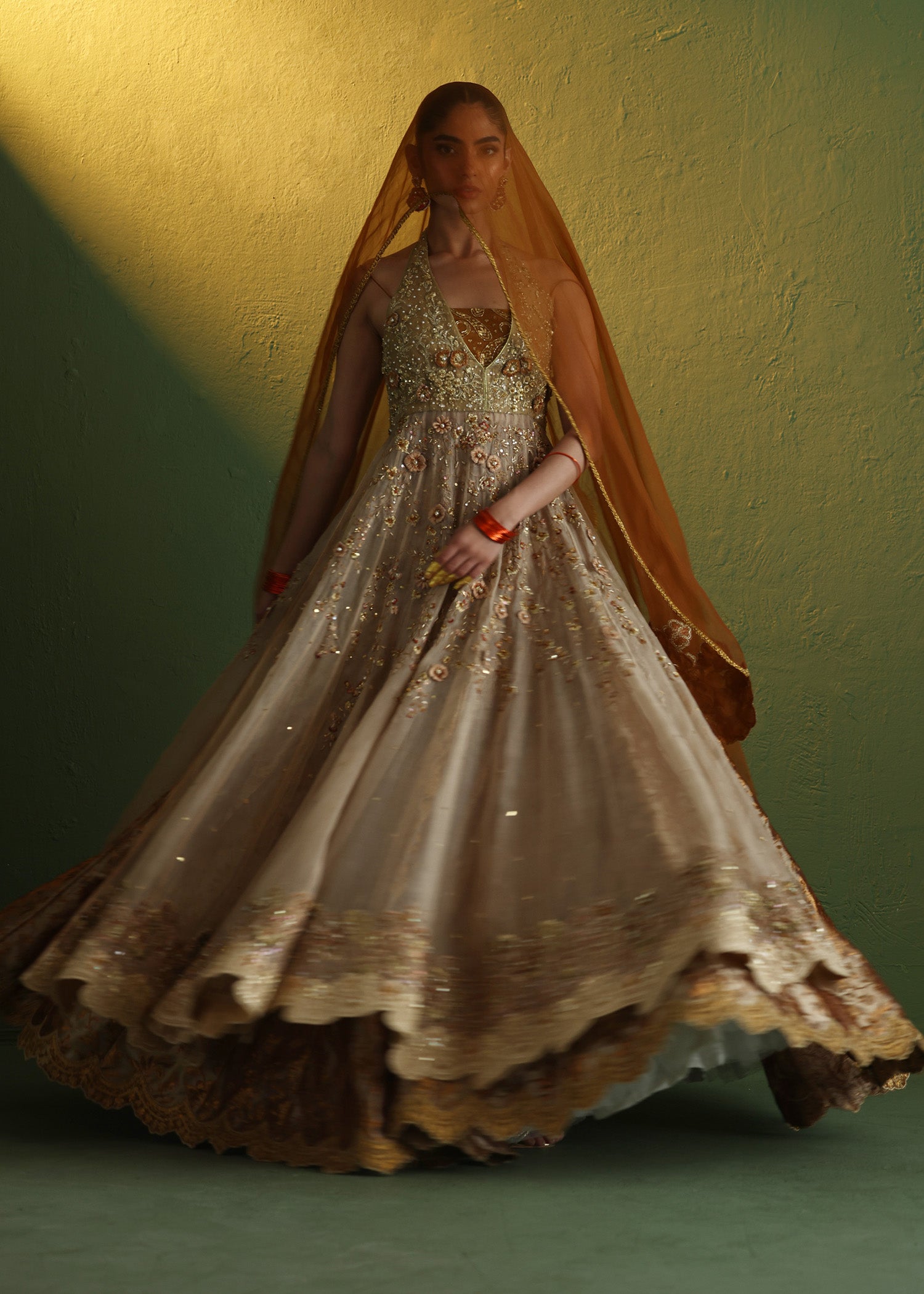 Indian Orange 3D Floral Organza Gown with Atlas Lehenga (3-Piece) - Image 8