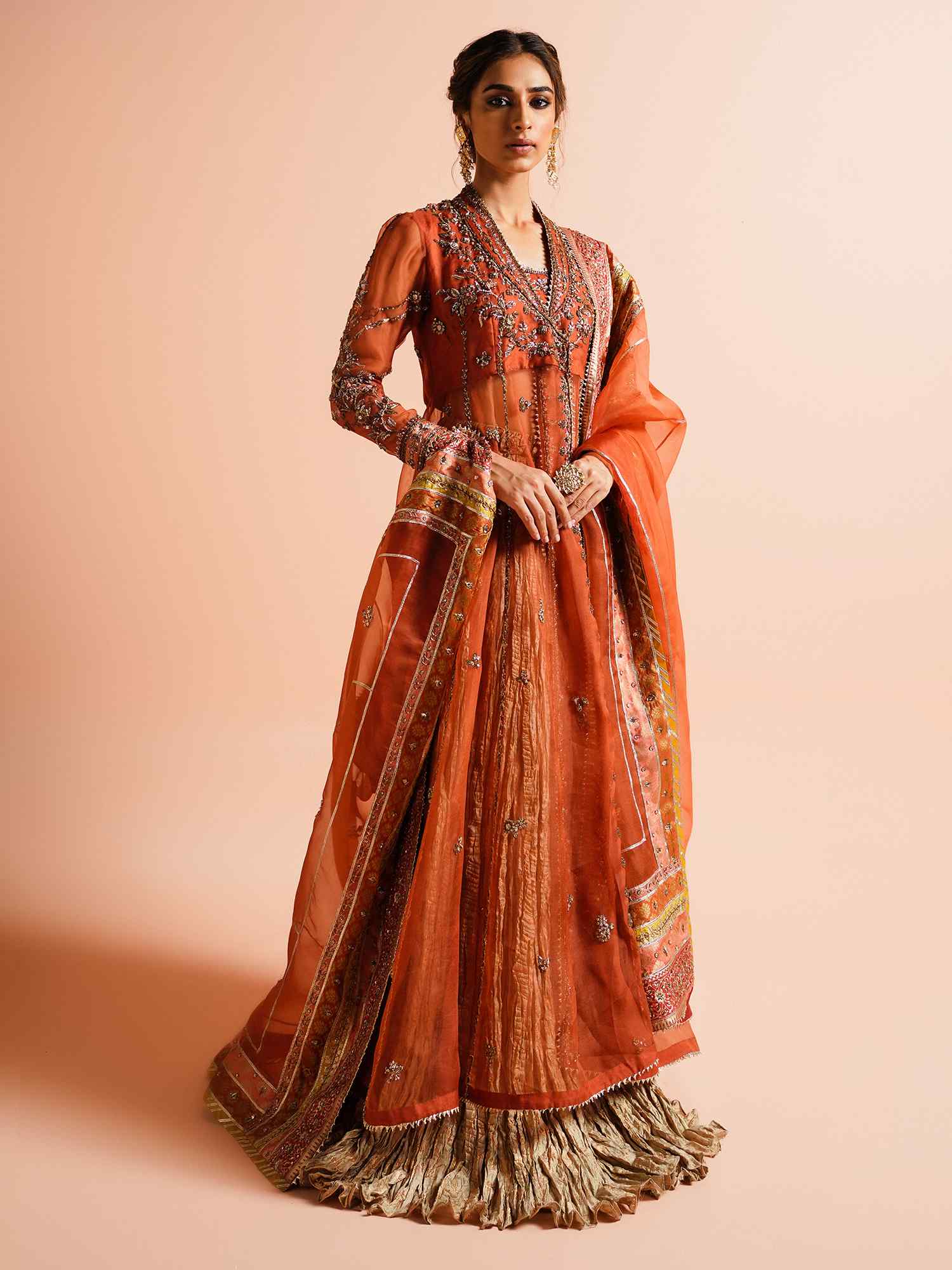 Pakistani Orange Zardozi Organza Angrakha Lehenga (3-Piece) - Image 1