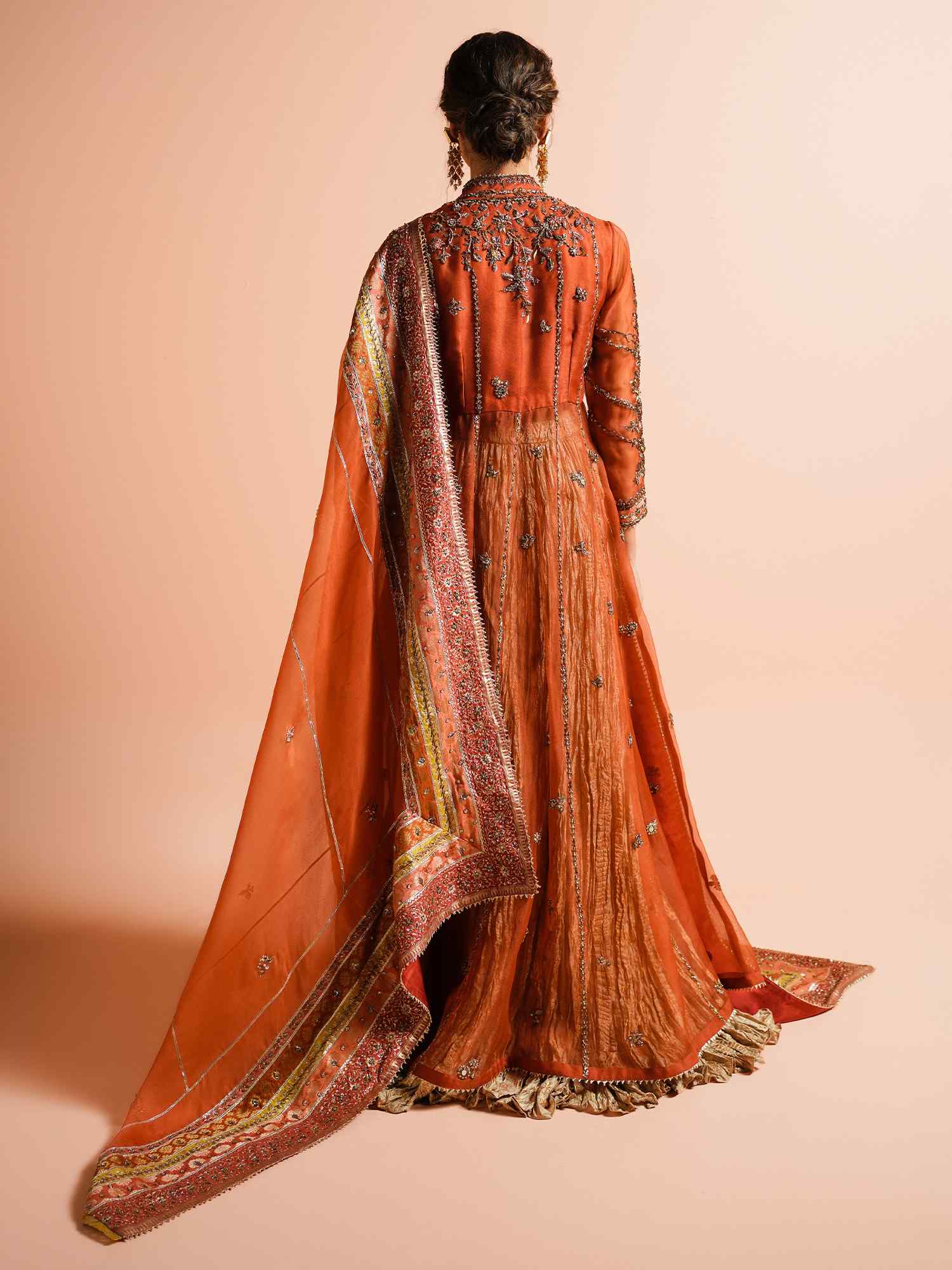 Pakistani Orange Zardozi Organza Angrakha Lehenga (3-Piece) - Image 2