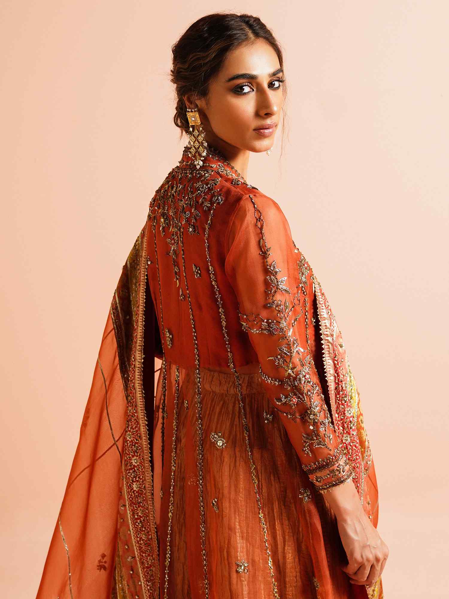 Pakistani Orange Zardozi Organza Angrakha Lehenga (3-Piece) - Image 3