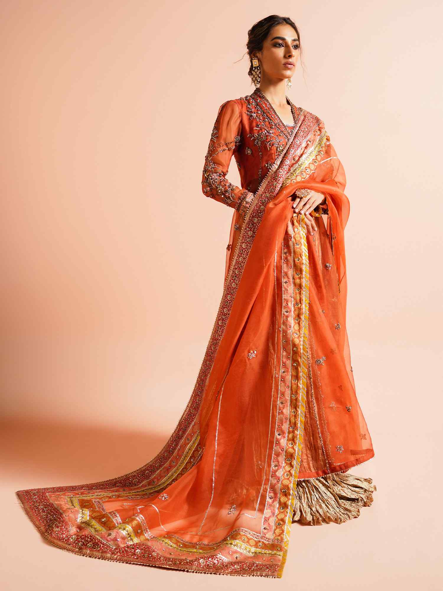 Pakistani Orange Zardozi Organza Angrakha Lehenga (3-Piece) - Image 4