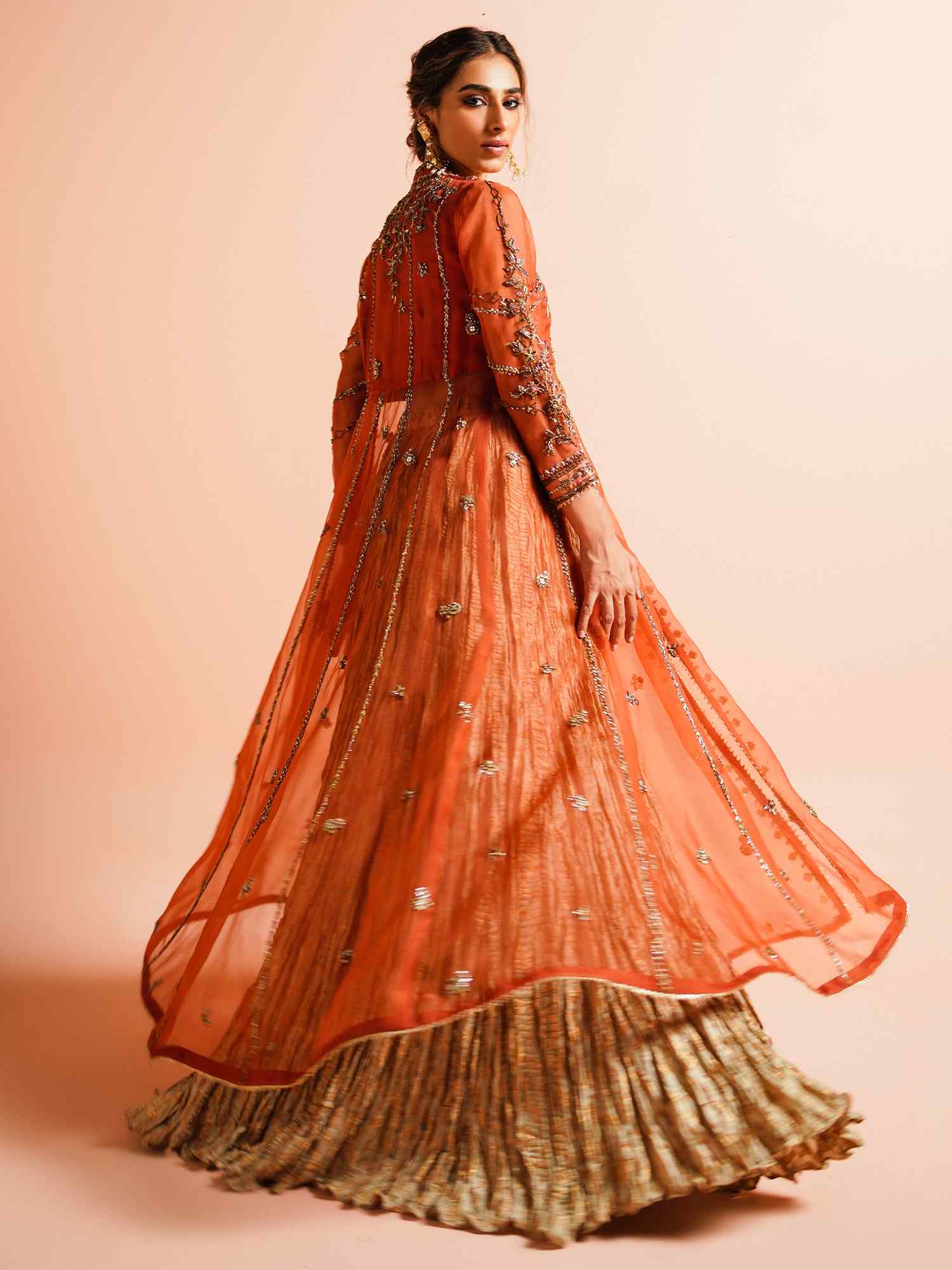 Pakistani Orange Zardozi Organza Angrakha Lehenga (3-Piece) - Image 5