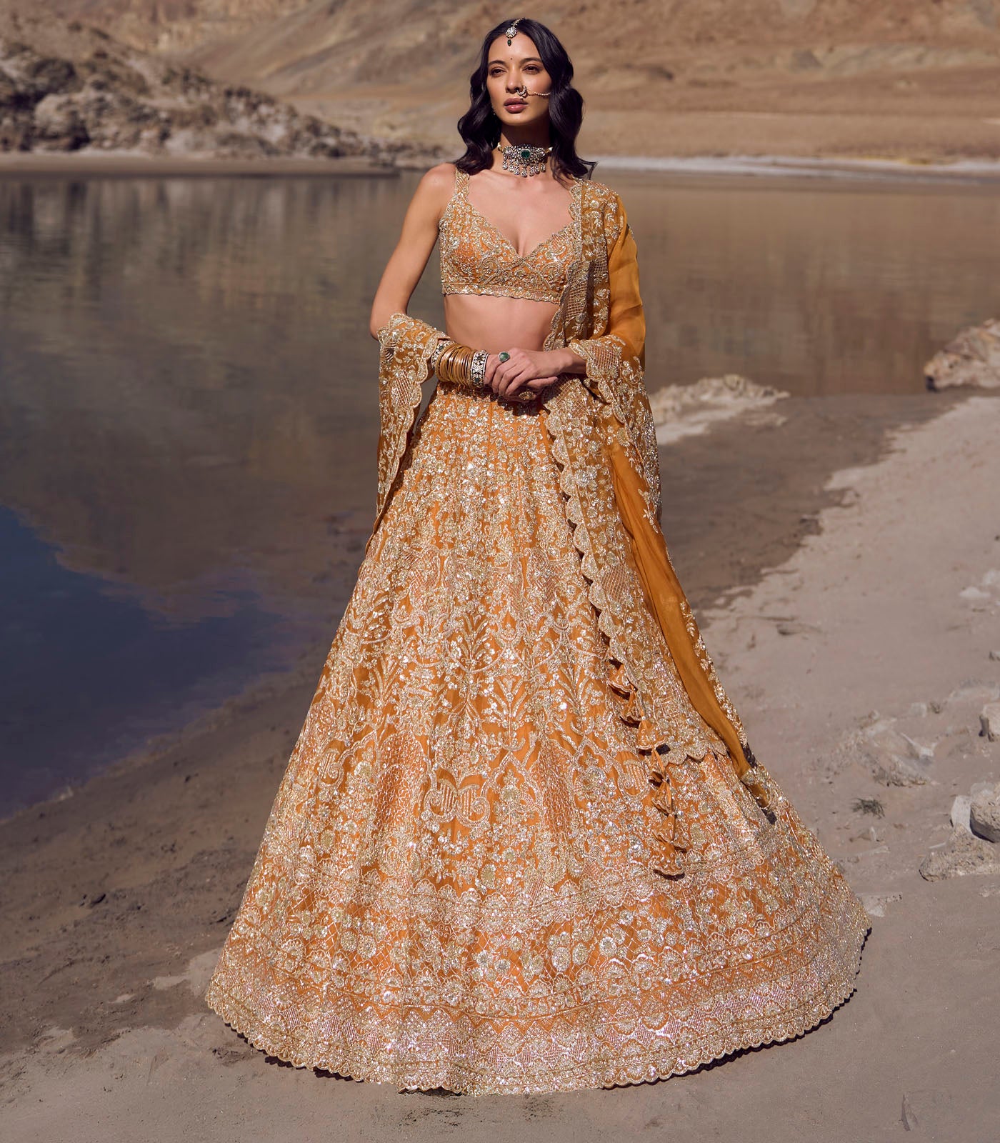 Orange Embroidered Organza Lehenga Set (3-Piece) - Image 1