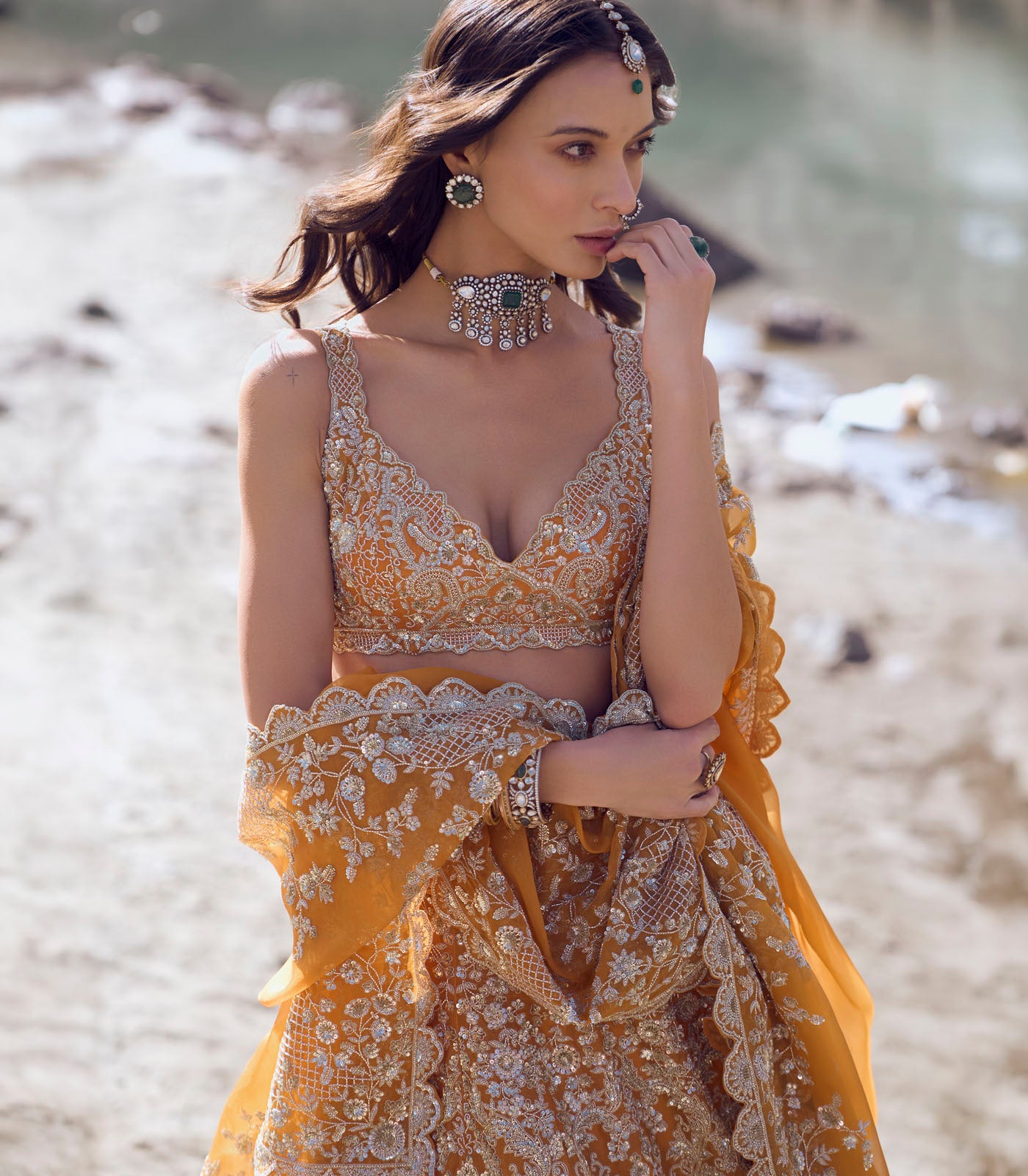 Orange Embroidered Organza Lehenga Set (3-Piece) - Image 2