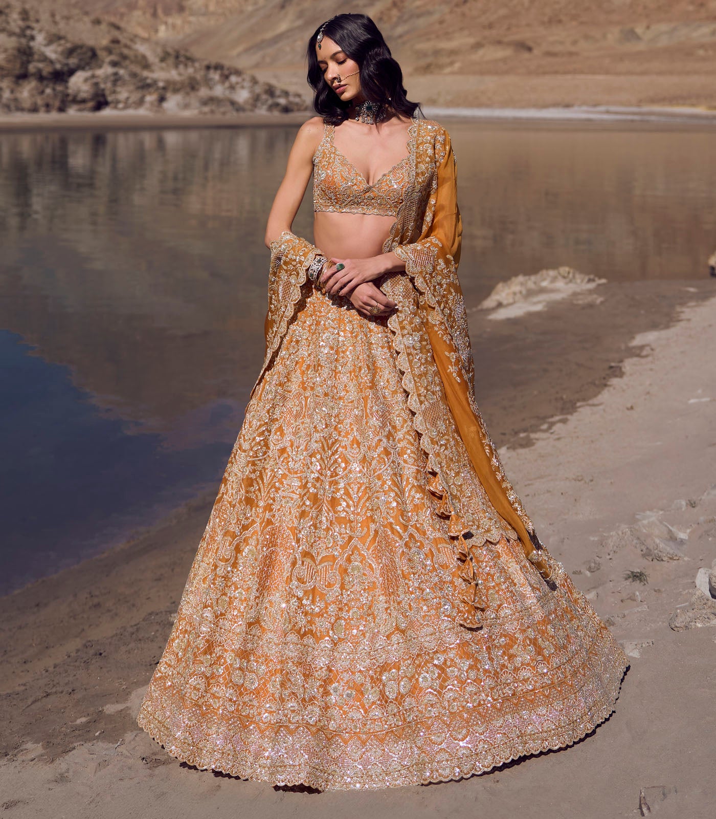 Orange Embroidered Organza Lehenga Set (3-Piece) - Image 3