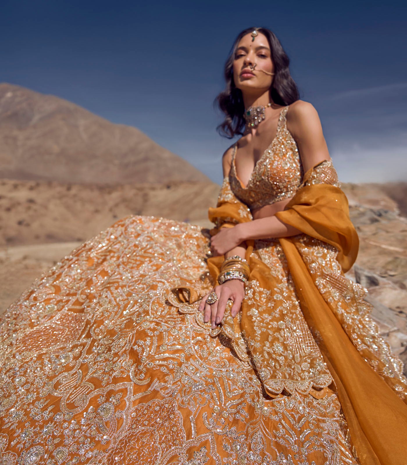 Orange Embroidered Organza Lehenga Set (3-Piece) - Image 4