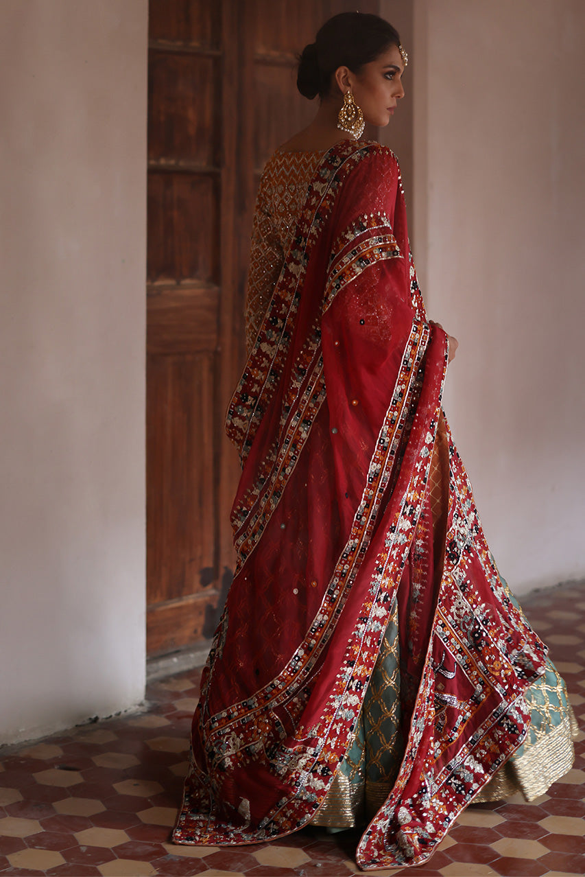 Pakistani Saffron Mirror & Gota Organza Lehnga Choli (3-Piece) - Image 6