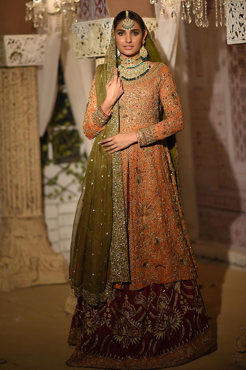 Tangerine Resham & Dabka Embroidered Lehenga (3-Piece) - Image 1
