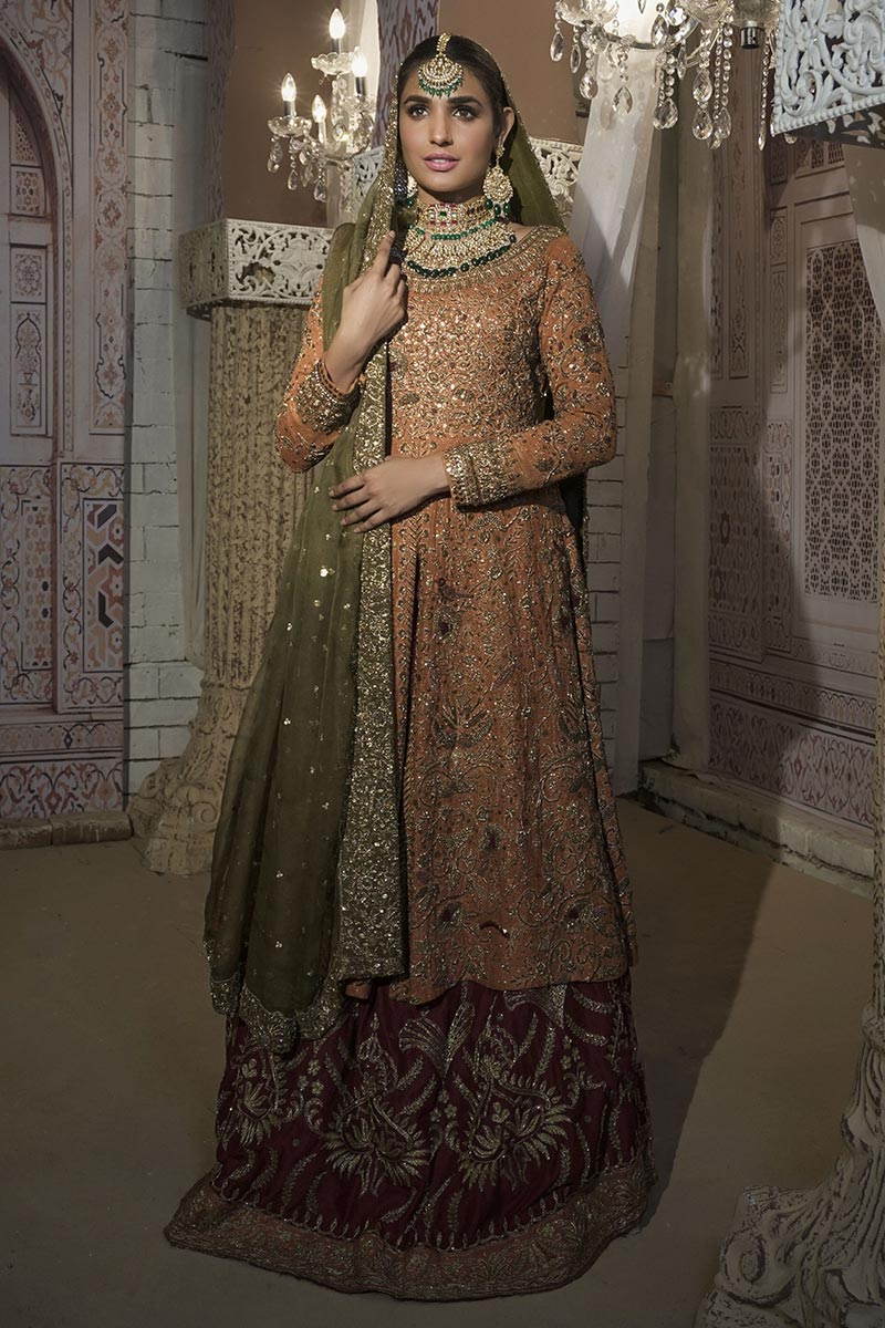 Tangerine Resham & Dabka Embroidered Lehenga (3-Piece) - Image 2