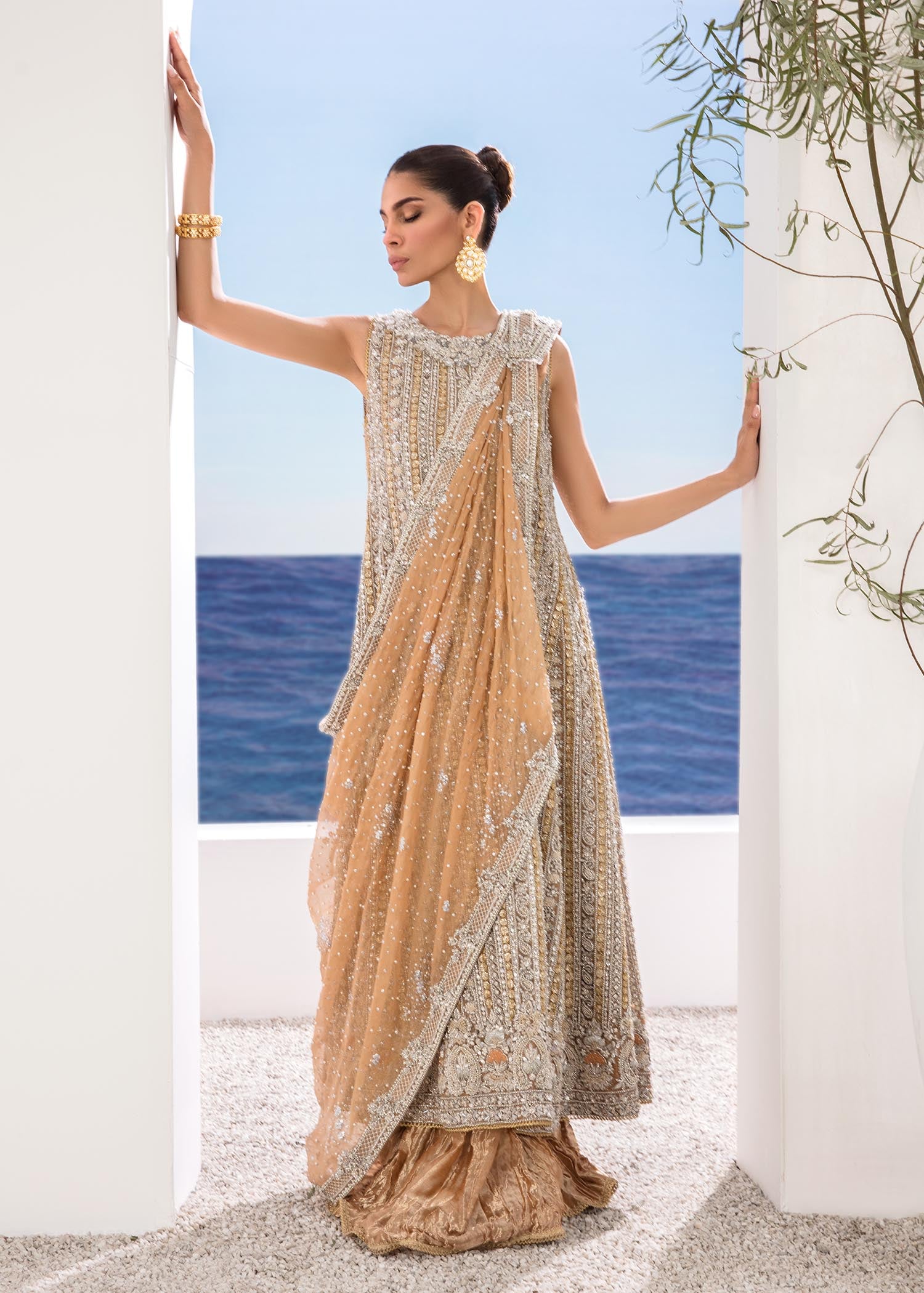 Orange Embellished Organza & Tissue Bridal Lehenga (3-Piece) - Image 3